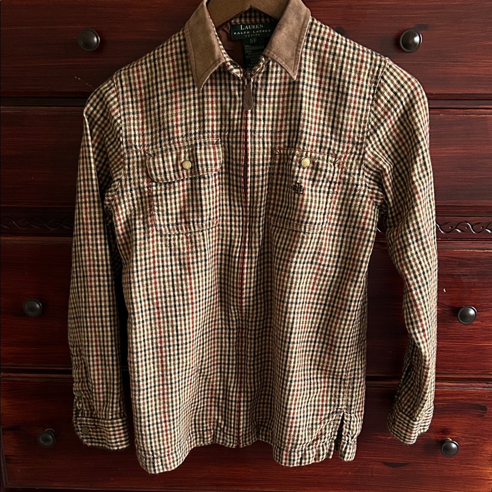 Ralph Lauren Brown Plaid Shirt with Suede Collar